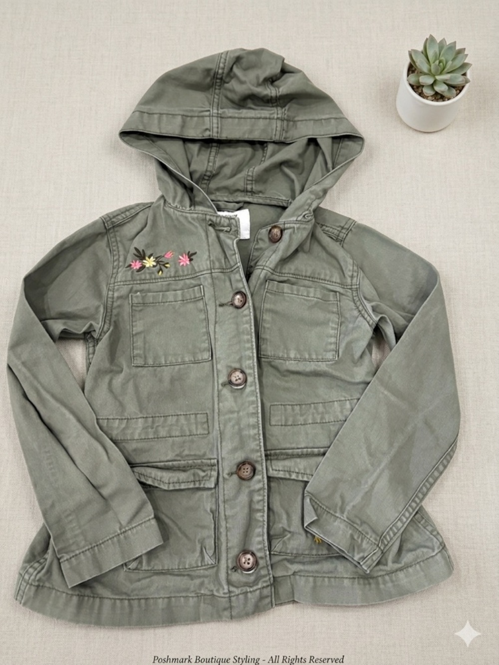 Girls' Floral Embroidery Hooded Utility Jacket - Small (6/7)